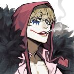  1boy black_cape blonde_hair cape cigarette close-up donquixote_rocinante facepaint feathered_cape hair_between_eyes highres hood looking_at_viewer makeup male_focus one_piece pink_shirt red_lips shirt short_hair smoke solo sunohara_(encount) twitter_username upper_body white_background 