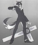  1boy absurdres animal_ears black_hair black_jacket cigarette collared_shirt cross_punisher dog_boy dog_ears dog_tail furry furry_male grey_theme highres holding jacket long_sleeves male_focus nicholas_d._wolfwood okiii open_mouth shirt short_hair simple_background solo sunglasses tail trigun tsurime 