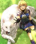  1girl animal ascot black_gloves blue_eyes blue_shirt fire_emblem fire_emblem_engage fur_trim gloves grass looking_at_viewer merrin_(fire_emblem) on_grass open_mouth shirt short_hair shorts teeth tenkuu_(tenn-kuu) tongue tongue_out upper_teeth_only white_ascot wolf 