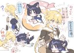  2boys ? aether_(genshin_impact) ahoge animal_ear_fluff animal_ears armor back barefoot belt black_pants black_shirt black_shorts blonde_hair blue_cape blunt_ends blush braid cape cat_ears cat_tail chibi chinese_text closed_mouth earrings flower genshin_impact gold_necklace gold_trim hair_between_eyes half-closed_eyes hand_up hands_up heart highres jewelry kemonomimi_mode leg_up long_hair looking_at_another looking_at_viewer looking_down looking_to_the_side lying lying_on_person male_focus mandarin_collar multiple_boys necklace nekomi_0 no_headwear no_mouth on_stomach open_clothes open_mouth open_vest pants parted_bangs pillow purple_belt purple_hair scar scaramouche_(genshin_impact) scarf shaded_face shirt short_hair short_sleeves shorts shoulder_armor simple_background single_earring sitting sleeveless sleeveless_shirt sparkle speech_bubble tail translation_request v-shaped_eyebrows vest violet_eyes wanderer_(genshin_impact) white_background white_cape white_scarf white_vest yellow_eyes 