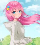  1girl absurdres alternate_costume blue_eyes bocchi_the_rock! bush cube_hair_ornament gotoh_hitori grey_hoodie hair_flowing_over hair_ornament highres hood hoodie lacca_(lalalacca) looking_at_viewer outdoors pink_hair sky solo torso 