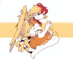  1girl 4qw5 ascot barefoot bird bird_tail blonde_hair chick dress feathered_wings full_body looking_at_viewer looking_back multicolored_hair niwatari_kutaka orange_dress puffy_short_sleeves puffy_sleeves red_ascot redhead short_hair short_sleeves solo tail touhou two-tone_hair vest white_vest wings yellow_tail yellow_wings 