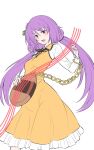  1girl biwa_lute chain commentary dress hair_ornament highres instrument kakone long_hair long_sleeves looking_at_viewer lute_(instrument) one-hour_drawing_challenge open_mouth purple_hair simple_background solo touhou tsukumo_benben twintails violet_eyes yellow_dress 