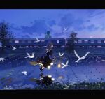  1girl artist_name bird boat_shoes brooch broom broom_riding brown_hair clouds earrings flying from_behind full_body grass highres holding holding_broom illumi999 jewelry lamp light long_hair night original outdoors reflection reflective_water solo tree twintails water white_bird 