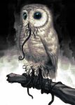  animal_focus bird blue_eyes branch full_body horror_(theme) kahadu_(kawazu) monochrome monster no_humans original owl solo spot_color tendril white_fur 
