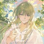  1boy bird blue_bird blue_sky chinese_commentary closed_mouth clouds collarbone collared_shirt commentary_request diamond_cutout enkidu_(fate) eyelashes fate/grand_order fate_(series) fingernails flower green_eyes green_hair hair_between_eyes highres holding holding_flower lips long_hair long_sleeves loose_hair_strand male_focus outdoors qingshui_ai sample_watermark shirt single_sidelock sky smile solo sunset tree upper_body very_long_hair watermark white_flower white_shirt white_sleeves 