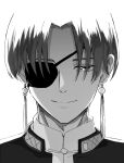  1boy chinese_clothes earrings eyepatch hayato_suou highres jacket jewelry looking_at_viewer male_focus monochrome ooo_www_lll popped_collar school_uniform short_hair smile solo wind_breaker_(nii_satoru) 