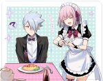  1boy 1girl ? aki_(neyuki41028) anti_(ssss.gridman) apron blue_eyes breasts closed_eyes cup drink food food_writing grey_hair gridman_universe gridman_universe_(film) heart heart_hands ketchup ketchup_bottle maid_apron mug official_alternate_costume omelet omurice open_mouth shinjou_akane shirt short_hair smile spoon tea waiter waitress 