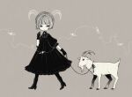  1girl animal blunt_bangs boots braid buttons closed_mouth drawn_horns dress eleanor_(ohmyeleanor) expressionless frilled_dress frills gloves goat goat_horns greyscale holding holding_leash horns leash looking_to_the_side monochrome original puffy_short_sleeves puffy_sleeves ribbon short_hair short_sleeves sidelocks simple_background walking 