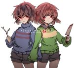 2others black_shorts blood blood_on_hands blood_on_knife blue_sweater blunt_ends brown_hair buttons chara_(undertale) circle_facial_mark closed_mouth collared_shirt commentary_request dual_persona english_text fluffy_hair frisk_(undertale) green_sweater highres holding holding_knife holding_stick joou_heika_(precare_deum) knife leaf long_sleeves looking_at_another multicolored_clothes multicolored_sweater multiple_others parted_lips pink_sweater red_eyes shirt short_hair short_shorts shorts sidelocks smile standing stick striped_clothes striped_sweater sweater tearing_up turtleneck turtleneck_sweater two-tone_sweater undertale unusually_open_eyes white_background yellow_sweater 
