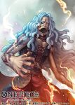  1boy arm_tattoo blue_hair commentary_request copyright_name corset cowboy_shot cross-laced_clothes cross-laced_top dust embers fire heat_(one_piece) kuroda_asaki long_hair looking_ahead male_focus neck_tattoo official_art one_piece one_piece_card_game open_mouth smoke solo stitched_face stitched_mouth stitches tattoo thorns 