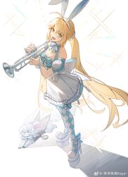  1girl absurdres animal_ear_hairband animal_ears argyle_clothes argyle_legwear argyle_thighhighs artist_name artoria_caster_(fate) artoria_caster_(swimsuit)_(fate) artoria_caster_(swimsuit)_(second_ascension)_(fate) artoria_pendragon_(fate) blonde_hair blue_dress blue_ribbon blue_thighhighs bow bow_legwear checkered_thighhighs creature detached_sleeves dress dress_bow fake_animal_ears fate/grand_order fate_(series) fou_(fate) green_eyes hair_ornament hair_scrunchie hairband high_heels highres holding holding_instrument instrument kotatsu_kaya looking_at_viewer looking_up low_twintails mary_janes pocket_watch pom_pom_(clothes) puffy_short_sleeves puffy_sleeves rabbit_ears ribbon scrunchie shoes short_sleeves sparkle striped_clothes striped_ribbon striped_thighhighs thigh-highs trumpet twintails two-tone_thighhighs vertical-striped_clothes vertical-striped_thighhighs watch white_background white_footwear white_ribbon white_scrunchie 