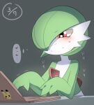  blush bob_cut colored_skin computer forced_smile gardevoir gardevoir_day green_hair grey_background hair_over_one_eye laptop lets0020 multicolored_skin pink_eyes pokemon pokemon_(creature) simple_background two-tone_skin typing white_skin 