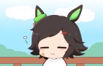  1girl :3 animal_ears bandaid bandaid_on_cheek bandaid_on_face black_hair blue_sky blush_stickers chibi closed_eyes closed_mouth clouds day facing_viewer fence gomashio_(goma_feet) hair_ornament hairclip horse_ears outdoors shirt sky solo swept_bangs umamusume upper_body white_shirt winning_ticket_(umamusume) 