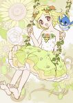  1girl :d bad_id bad_twitter_id bare_shoulders barefoot bird blonde_hair breasts dress floral_background flower full_body green_dress hair_flower hair_ornament hands_up layered_dress looking_at_viewer mdr_onj1807 midorikaze_fuwari open_mouth pretty_series pripara short_hair sitting small_breasts smile solo sunflower swept_bangs swing toriko_(pripara) violet_eyes 