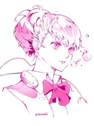  1girl balloooonfish bow bowtie bubble collared_shirt cropped_shoulders earphones eyelashes highres monochrome parted_lips persona persona_3 persona_3_portable pink_theme ponytail shiomi_kotone shirt simple_background solo twitter_username upper_body 