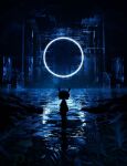  1girl 3d blender_(medium) blue_theme circle circuit_board clouds from_behind glowing headphones highres leaf light_particles light_rays night night_sky on_water original reflection reflective_water rock scenery short_hair silhouette sira0xff sky solo standing standing_on_liquid star_(sky) starry_sky water 