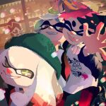  2girls ^_^ arm_around_shoulder beanie black_hair black_jacket bow-shaped_hair callie_(splatoon) cephalopod_eyes christmas closed_eyes colored_tips fangs food food-themed_hair_ornament foot_out_of_frame furrowed_brow garland_(decoration) green_hat hair_ornament happy hat highres inoue_seita jacket long_hair looking_at_viewer marie_(splatoon) medium_hair mole mole_under_eye multicolored_hair multiple_girls night official_art open_clothes open_jacket open_mouth outdoors outstretched_hand pearl_(splatoon) redhead second-party_source shirt short_hair skateboard smile snowing splatoon_(series) splatoon_1 splatoon_2 sushi t-shirt teeth tentacle_hair two-sided_fabric two-sided_jacket upper_body walking white_hair white_shirt window yellow_eyes 