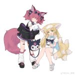  2girls animal_ears arknights bag bandaid bandaid_on_knee bandaid_on_leg black_bow black_dress black_footwear blonde_hair blue_shirt bow cinnamoroll closed_mouth commentary_request detached_sleeves dress fox_ears fox_girl fox_tail full_body green_eyes hair_bow highres holding holding_bag holding_stuffed_toy kitsune kuromi leg_warmers long_hair looking_at_viewer multiple_girls multiple_tails onegai_my_melody open_mouth purple_hair red_eyes sandals sanrio shamare_(arknights) shio_(shiofeifei) shirt short_sleeves short_twintails shorts smile stuffed_toy suzuran_(arknights) tail twintails weibo_watermark white_shorts 