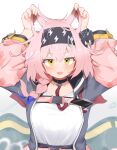  1girl animal_ear_fluff animal_ears arknights arms_up black_choker black_hairband blush braid cat_ears cat_girl choker collarbone commentary_request goldenglow_(arknights) grey_jacket hair_between_eyes hair_ornament hairband hairclip hand_on_own_ear highres infection_monitor_(arknights) jacket lanyard long_sleeves looking_at_viewer medium_hair no_nose open_clothes open_jacket open_mouth pcaccount13 pink_hair pink_sleeves pulling_own_ear shirt side_braid single_braid solo strap t-shirt upper_body white_shirt yellow_eyes 
