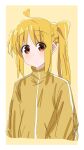  1girl absurdres blonde_hair blush bocchi_the_rock! commentary_request highres kita_ikuyo long_sleeves looking_at_viewer misokin shirt solo track_suit turtleneck yellow_shirt yellow_track_suit 