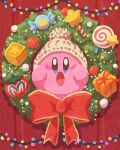  beanie blue_eyes blush_stickers bow candy cheek_squash christmas christmas_lights christmas_ornaments christmas_wreath colored_skin commentary_request door food gift hat highres invincible_candy kirby kirby_(series) looking_at_viewer miclot no_humans open_mouth pink_skin pom_pom_(clothes) pom_pom_beanie red_background red_bow shadow solo star_(symbol) star_block star_rod straight-on tomato white_hat wreath 