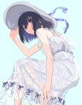  1girl absurdres anianiani0607 black_eyes black_hair blue_background dress fate/grand_order fate_(series) hat highres holding holding_clothes holding_hat kuonji_alice mahou_tsukai_no_yoru see-through see-through_dress sun_hat sundress 