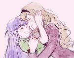  2girls black_hairband blonde_hair blush closed_eyes commentary green_shirt hairband hand_on_another&#039;s_arm hand_on_another&#039;s_face hug long_hair long_sleeves multiple_girls parted_lips pink_background purple_hair purple_shirt rtf_11th saijou_claudine shirt short_sleeves shoujo_kageki_revue_starlight simple_background smile tsuyuzaki_mahiru twitter_username upper_body yuri 