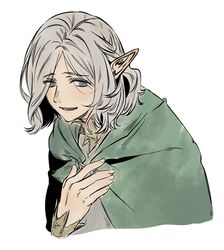  1boy bowing cloak dungeon_meshi elf gorget green_cloak grey_eyes grey_hair hand_on_own_chest highres hood hooded_cloak long_sleeves male_focus medium_hair mithrun p0lntbreak pointy_ears shirt short_hair simple_background smile solo tunic upper_body wavy_hair white_background 