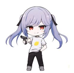  1girl 2024_summer_olympics azur_lane essex_(azur_lane) hand_on_hip lemon_print long_hair olympics photo-referenced pistol smile twintails yusuf_dikec 