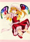  1girl ascot blonde_hair bloomers clothing_cutout crystal_wings dress flandre_scarlet frilled_dress frills full_body leg_cutout marker_(medium) mary_janes mi_akashi open_mouth reaching reaching_towards_viewer red_eyes red_nails shoes side_ponytail simple_background socks solo touhou traditional_media white_background white_mob_cap yellow_ascot 