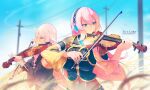  1girl 2girls absurdres black_shirt blue_nails blurry blurry_background bow_(music) breasts detached_sleeves headphones highres holding holding_instrument ia_(vocaloid) instrument long_hair luka megurine_luka multiple_girls music nail_polish navel outdoors playing_instrument power_lines shirt sky smile songjiangcc upper_body very_long_hair violin vocaloid 