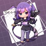  black_footwear black_shirt blue_eyes braid chibi ember_(selen_tatsuki) full_body grey_pants hair_ornament hairclip head_wings highres hotsoupymiku lanyard long_hair long_sleeves looking_at_viewer nijisanji nijisanji_en pants purple_hair selen_tatsuki selen_tatsuki_(1st_costume) shirt slit_pupils smile standing tail twin_braids violet_eyes virtual_youtuber wings 