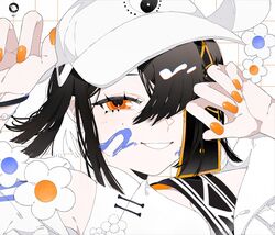  1girl black_hair cho96850 fate/grand_order fate_(series) hat highres mole mole_under_eye nail_polish one_eye_covered orange_eyes orange_nails portrait smile white_hat xu_fu_(fate) xu_fu_(swimsuit_avenger)_(third_ascension)_(fate) yin_yang yin_yang_print 