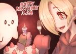  1girl blonde_hair cake candle disembodied_limb earrings fang food fork fruit ghost hair_over_one_eye happy_birthday highres holding holding_fork hood hoodie idolmaster idolmaster_cinderella_girls jewelry open_mouth red_eyes shirasaka_koume short_hair sleeves_past_fingers sleeves_past_wrists smile strawberry syouzu_jiru teeth 