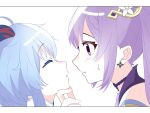  2girls blue_hair braid closed_eyes commentary_request earrings ganyu_(genshin_impact) genshin_impact hand_on_another&#039;s_chin highres horns imminent_kiss jewelry keqing_(genshin_impact) long_hair looking_at_another multiple_girls parted_lips purple_hair side_braid simple_background sweatdrop twintails violet_eyes white_background wu_qin_(gyxx_04) yuri 