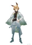 1boy absurdres animal_ear_piercing animal_ears arknights belt belt_pouch black_shirt blonde_hair cape coat earrings full_body gradient_cape gradient_legwear green_cape green_eyes green_footwear green_pantyhose green_tassel grin hair_between_eyes hand_up highres jewelry leonhardt_(arknights) long_sleeves looking_at_viewer male_focus open_clothes open_coat pantyhose pouch shirt shoes short_hair shorts simple_background smile solo standing su_ran_(bilibili_18604428) tachi-e tassel tassel_earrings weibo_watermark white_background white_belt white_coat white_shorts