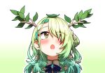  1girl :o blush branch ceres_fauna ceres_fauna_(1st_costume) ddolbang earrings flower gradient_background green_hair hair_flower hair_ornament hololive hololive_english jewelry leaf leaf_on_head long_hair mole mole_under_eye virtual_youtuber yellow_eyes 