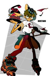  1boy absurdres antique_phone blue_eyes brown_hair character_name checkered_clothes checkered_headwear closed_mouth coffee coffee_cup colored_skin cup disposable_cup freckles glasses headset highres inline_skates ithk0219 male_focus necktie orange_skin original pants paper_stack personification phone red_necktie red_pants roller_skates rotary_phone round_eyewear shirt skates solo visor_cap white_shirt 