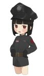  1984_(novel) 1girl black_cat03 black_dress black_gloves black_hair bob_cut brown_eyes child commentary cropped_legs dress emblem english_commentary gloves hat highres open_mouth original police police_hat police_uniform short_dress solo uniform 