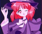  1990s_(style) 1girl ;d bow capelet dress hanadi_detazo hat hat_bow kirisame_marisa kirisame_marisa_(pc-98) long_sleeves one_eye_closed open_mouth purple_dress red_eyes redhead retro_artstyle short_hair smile story_of_eastern_wonderland textless_version touhou touhou_(pc-98) white_bow witch_hat 