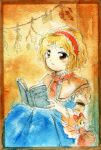 1girl :| alice_margatroid blonde_hair blue_dress book capelet closed_mouth dress hairband highres holding holding_book hourai_doll medinki official_style open_book orange_eyes painting_(medium) red_hairband short_hair sitting touhou traditional_media watercolor_(medium) white_capelet zun_(style) 