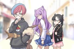  3girls animal_ears backpack bag black-framed_eyewear black_jacket blue_hair blue_skirt blush cat_ears closed_mouth commentary_request distracted_boyfriend_(meme) dress glasses green_eyes grey_eyes hair_ribbon hand_in_pocket hand_up highres hood hoodie jacket long_sleeves marnie_(pokemon) meme multicolored_hair multiple_girls open_mouth penny_(pokemon) pink_dress pleated_skirt poke_ball_print pokemon pokemon_sv pokemon_swsh purple_hair redhead ribbon rotom rotom_phone round_eyewear shirt skirt smile two-tone_hair vest white_shirt yuri zhen_xionggui 