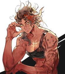  1girl absurdres amber_eyes arm_tattoo baldur's_gate baldur's_gate_3 black_nails breasts bskibskib colored_skin demon_horns dungeons_&amp;_dragons highres horns karlach multicolored_hair muscular pointy_ears red_skin smile solo tattoo 