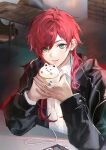  1boy absurdres black_jacket cellphone chair collared_shirt commentary cup ear_piercing earrings green_eyes hands_up highres holding holding_cup jacket jewelry lauren_iroas light_blush long_hair long_sleeves looking_at_viewer male_focus moko_(moko/moko) mug nijisanji open_mouth phone piercing redhead ring shirt smartphone smile solo table upper_body virtual_youtuber white_shirt 