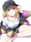  1girl adjusting_clothes adjusting_headwear baseball_cap black_hat black_shorts blonde_hair blue_eyes blush braid closed_mouth commentary_request from_above hat highres indian_style jacket long_sleeves looking_at_viewer multicolored_clothes multicolored_jacket nyoijizai paripi_koumei shirt short_shorts shorts simple_background single_off_shoulder sitting smile solo thighs tsukimi_eiko twin_braids white_background white_shirt 