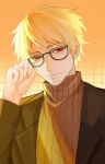  1boy adjusting_eyewear atou_haruki black_jacket blonde_hair brown_sweater chinese_commentary closed_mouth commentary_request glasses hand_on_eyewear highres jacket long_sleeves male_focus open_clothes open_jacket red_eyes ribbed_sweater saibou_shinkyoku shi_mo_qi_wa short_hair smile solo sweater turtleneck turtleneck_sweater 