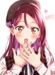  1girl :o beret black_ribbon blush bow commentary_request fingernails hair_bow hair_ornament hat heart highres long_hair looking_at_viewer love_live! love_live!_sunshine!! ojyomu open_mouth pink_nails plaid redhead ribbon sakurauchi_riko shirt simple_background solo teeth translation_request vest white_background yellow_eyes 