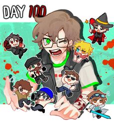  6+boys bite_mark bizly brown_hair chibi chinese_commentary commentary_request condifiction emily_numbern english_commentary glasses green_eyes grizzlyplays highres jacket jschlatt male_focus minecraft_youtube mini_person miniboy multiple_boys one_eye_closed open_mouth quackity ranboo shirt short_hair slimecicle slimecicle_cinematic_universe tommyinnit wilbur_soot 