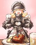  alcohol alternate_costume armor beer belt blonde_hair closed_eyes enmaided food heart heart_hands helmet highres ironlily knife mace maid maid_headdress moe_moe_kyun! open_mouth original plate smile weapon 